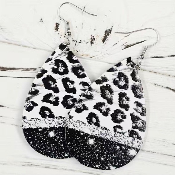 NEW Cow Print Faux Leather Black & White Drop Hook Earrings (2) - Picture 2 of 8